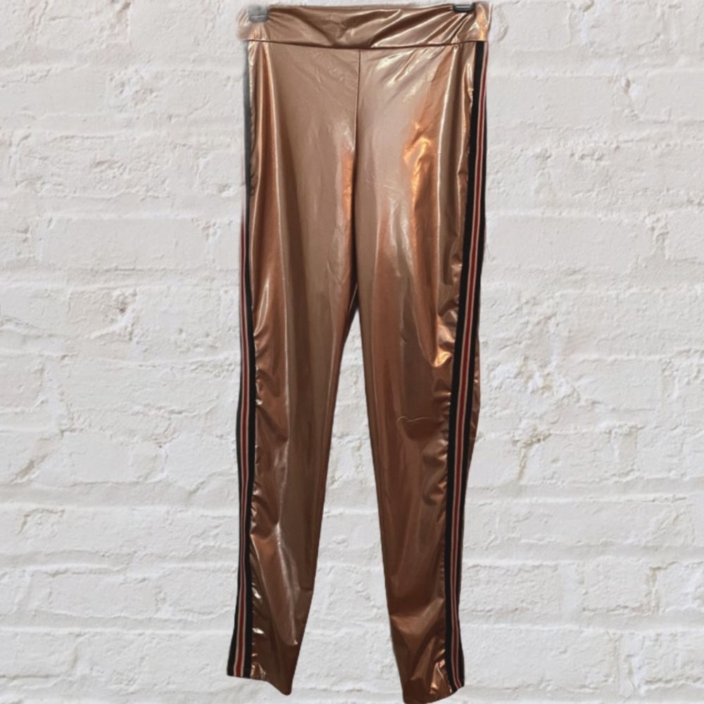 K. Jen Metallic Gold Mid Rise Leggings w Side Stripes